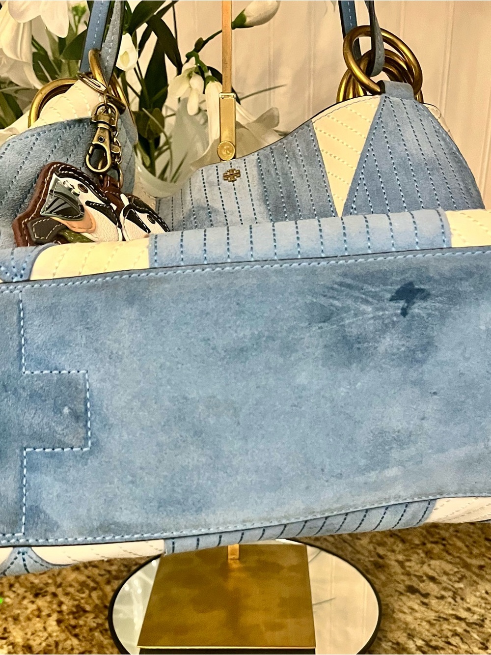 Tory Burch Patchwork suede blue and white Farrah tote - Picture 11 of 16